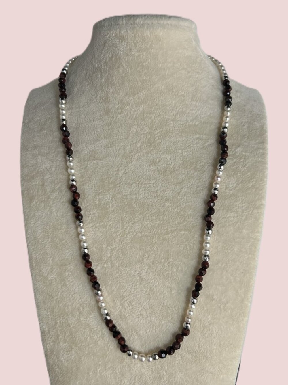 Faceted Burnt Red Tiger-Eye Gemstones and Freshwater Pearls Necklace.